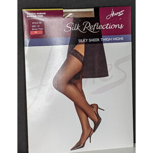 Hanes Silk Reflections Lace Top Sheer Toe Thigh-Hi Barely Black Stockings Sz CD